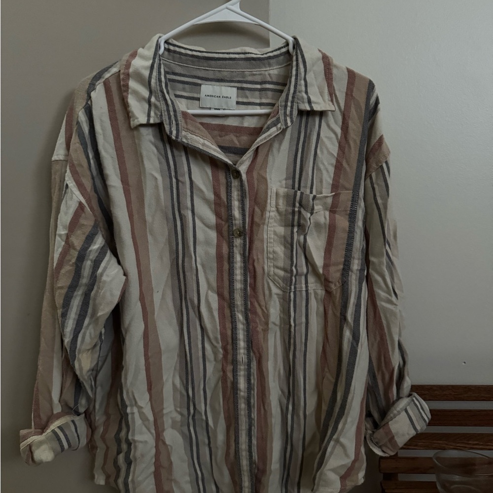 American Eagle Outfitters Cream, Rust & Gray Striped Button-Up